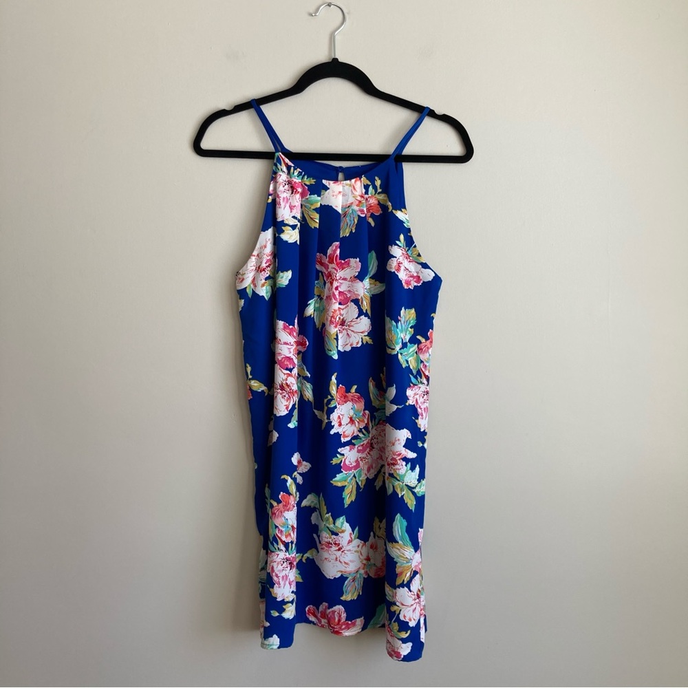 Monteau Blue Floral A-Line High Neck Mini Dress